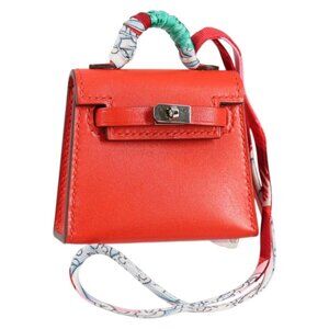 HERMES Micro Kelly Bag Charm Leather Orange Auth 141175SM